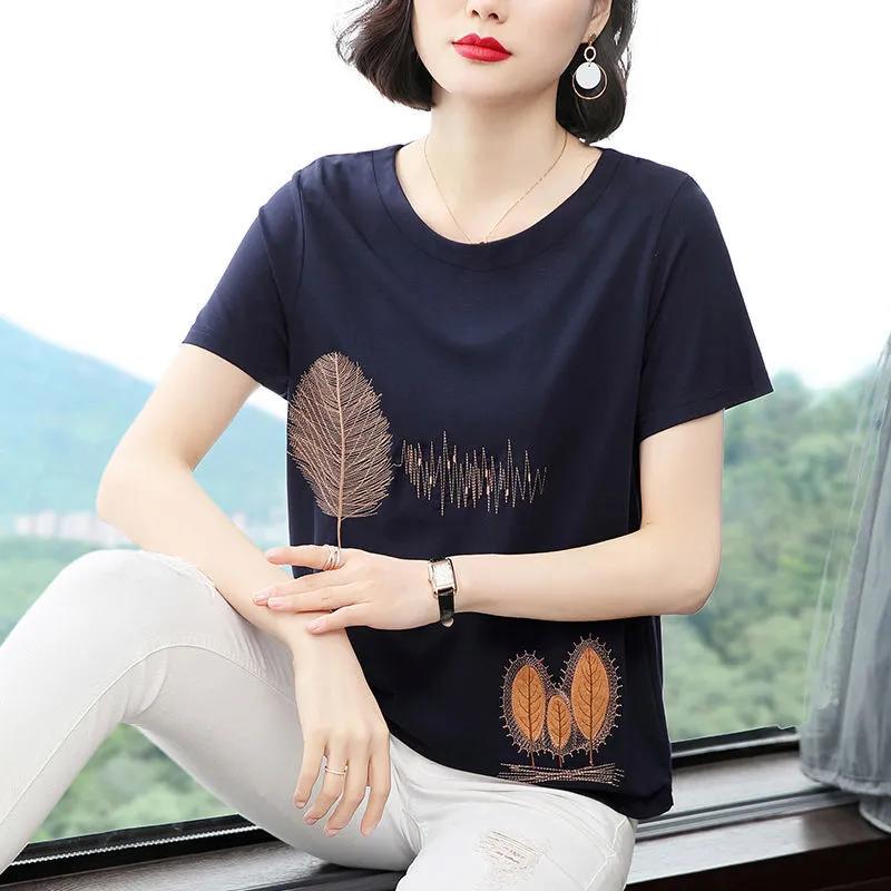 Women's Summer Loose Short-sleeved T-shirt Temperament Embroidery Round Neck Blouse