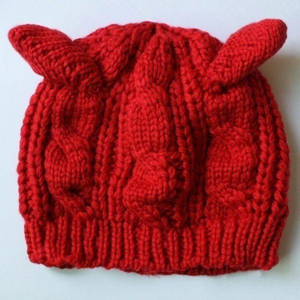 Cute Twisted Knit Beret Fashionable Cat Ear Design Soft Icelandic Wool Hat красный