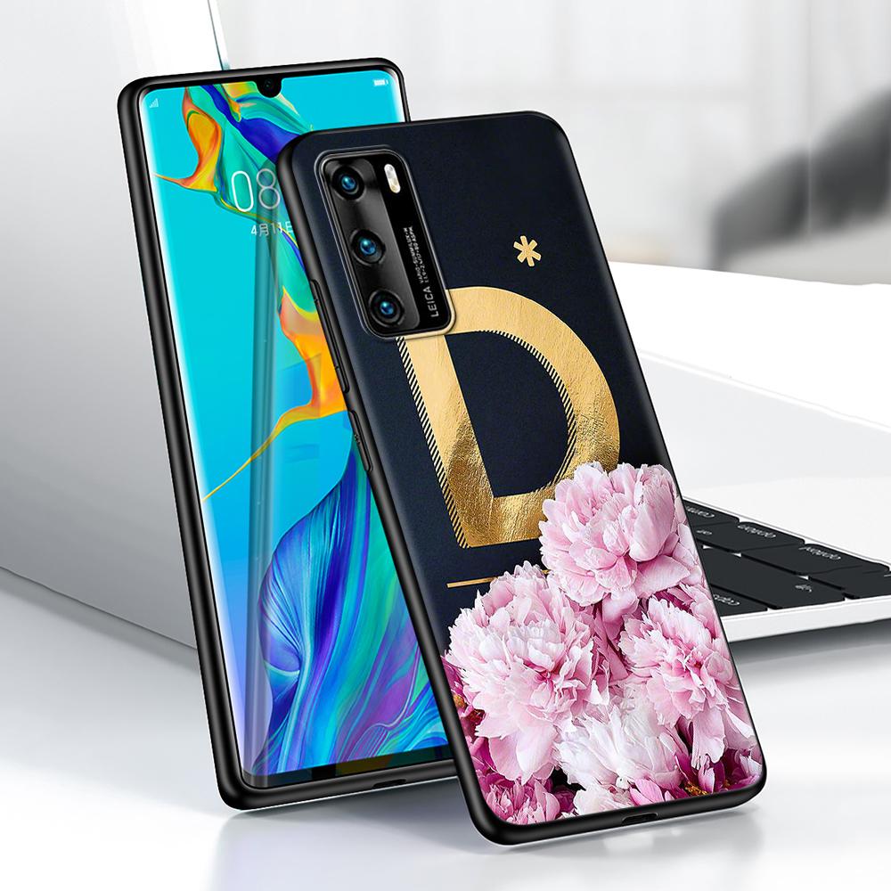Golden Letter Flower Case for Huawei P30 P Smart Z P40 Lite E P20 Y6 Y7 Y9 2019 Honor 8X Play 9A 50 20 9X Pro Black Soft Cover