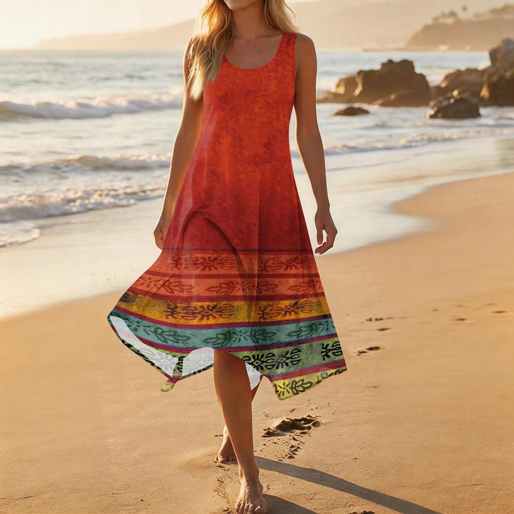 Damen Lässiges Mode-Midikleid mit Rundhalsausschnitt, ärmellos und unregelmäßigem Saum