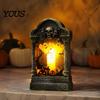 Table Bookshelf Decoration Tombstone Candle Lantern, LED Lighted Spooky Graveyard Lamp, Halloween Haunted House Props Small Night Light for