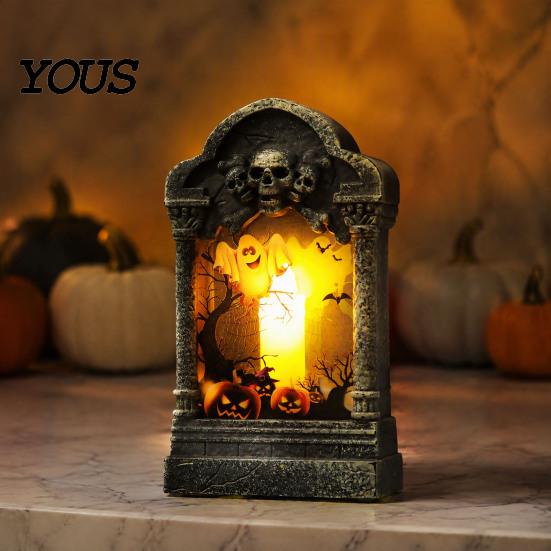 Table Bookshelf Decoration Tombstone Candle Lantern, LED Lighted Spooky Graveyard Lamp, Halloween Haunted House Props Small Night Light for