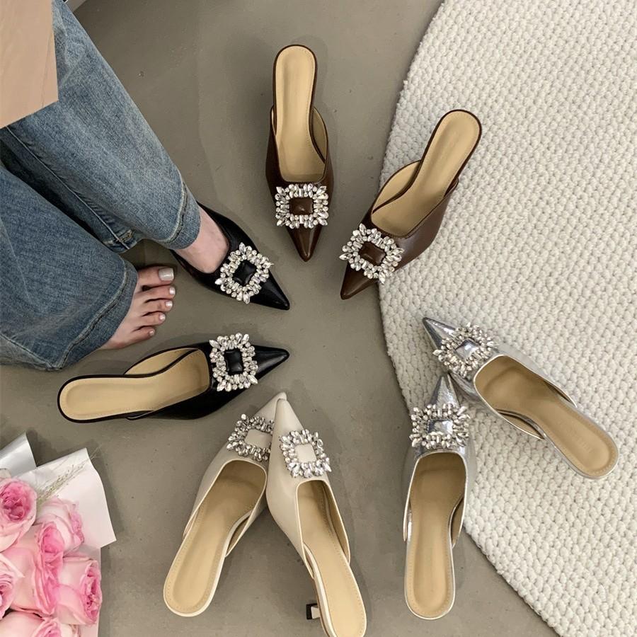 Pointed Head, Half Slippers, Women Wear Thin Heels, Rhinestone Buckle, Fairy Versatile Fashion Women's Shoes