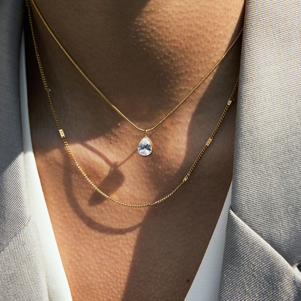 Stylish Versatile Gold Plated Stainless Steel Zircon Water Drop Pendant Necklace Link Chain Multi-layer Stackable Charm Necklace