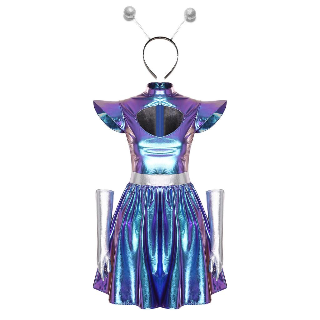 Womens Alien Astronaut Cosplay Dress with Gloves and Hair Loop Set Cutout Neck Metallic Shiny Dress for Halloween Spaced Themed Party