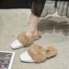 Fashion Aphixta Winter Gingham Upper Long Real Rabbit Fur Plush Women Slippers Nature Warm Furry Shoes Square Toe Flat Heel Hair Slides