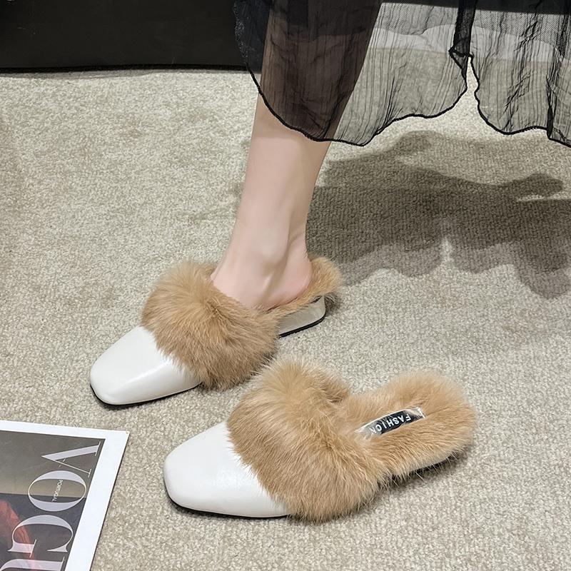 Fashion Aphixta Winter Gingham Upper Long Real Rabbit Fur Plush Women Slippers Nature Warm Furry Shoes Square Toe Flat Heel Hair Slides