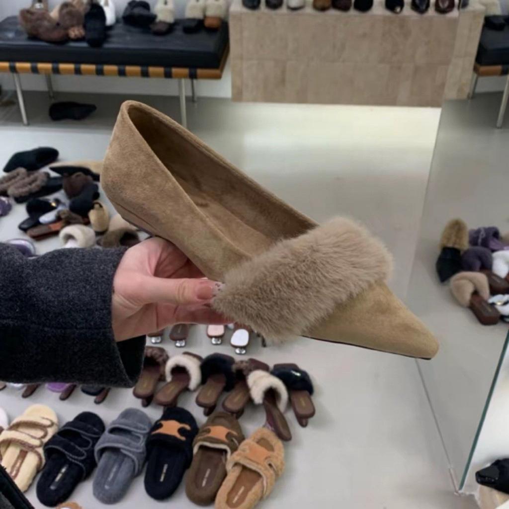 Korean Version of Light Luxury Small Fragrant Wind Piled Light Mouth Fluffy Single Shoes Autumn and Winter Celebrity Style Suede Temperament Elegant