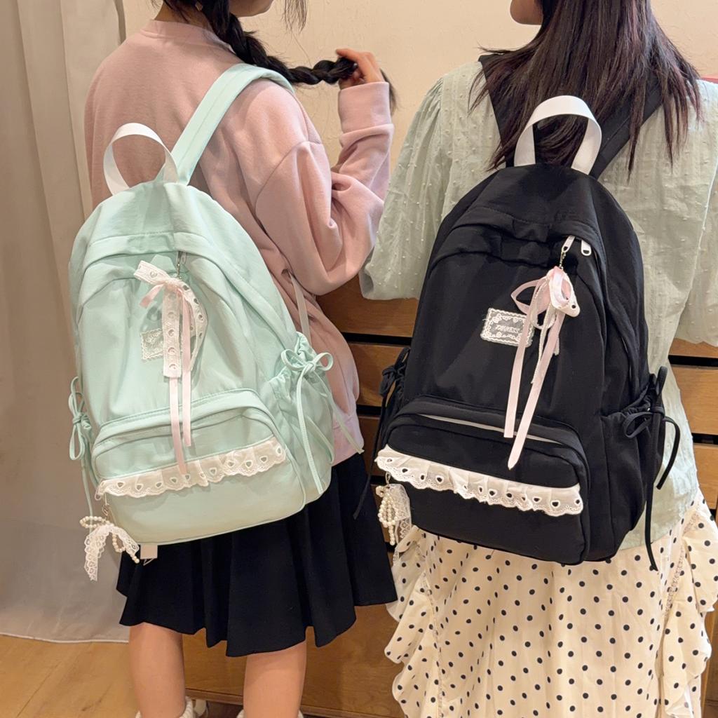 Women's Nylon Lace Bow Backpack Sweet Fresh Aesthetic Daily School Casual Book Bags 2026 New Fashion Student Back Packs