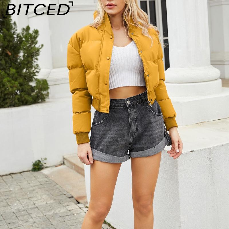 BITCED Женское хлопковое пальто короткой длины на осень/зиму, с длинными рукавами и высоким воротником, теплая куртка, повседневная хлопковая куртка свободного кроя, пуховик