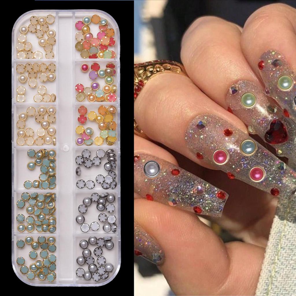 12-Grid Colorful Pearl Nail Art Decorations: Mixed-Size, Full/Half Round, Flat-Back Pearls for DIY.