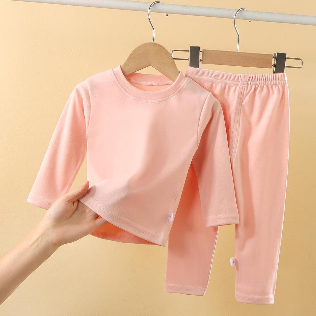 Children's Soft Solid Color Pajama Set for Autumn/Winter - Girls' and Boys' Homewear