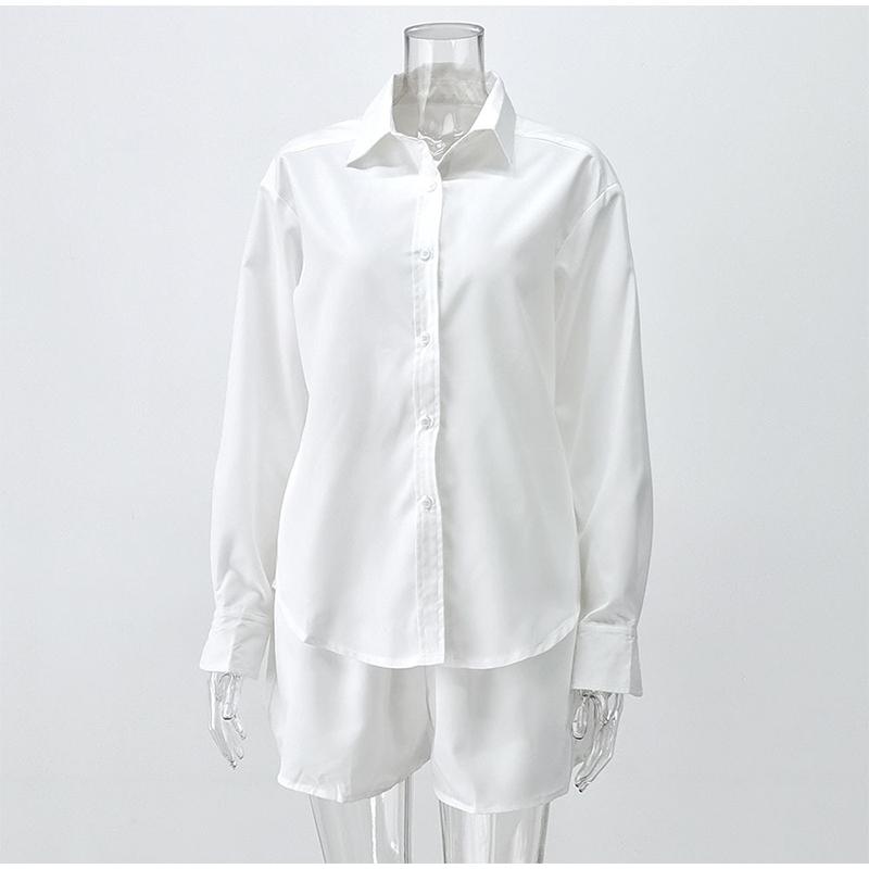 

Женская повседневная белая рубашка, шорты, комплект из двух частей, длинный рукав, отложной воротник, карманы, пуговицы, топ, модная женская одежда 2025 года, весенне-летний костюм L белый