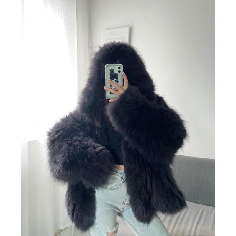 Damen Kunstfuchs Pelzmäntel Jacken Mittellang Blau Mit Kapuze Langarm Dick Warm Lockere Passform Freizeit Herbst Winter