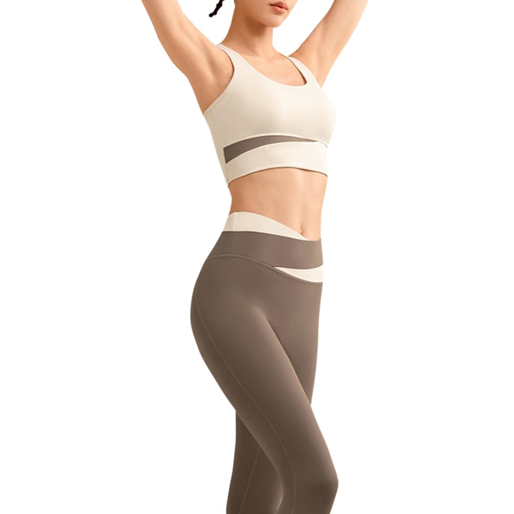 

DAYCLOSET Одежда для йоги Топ-бра с чашечками и Леггинсы для йоги и йоги175 х Размер Женский комплект, Брюки с высокой талией, Эластичный, (Бело-коричневый, M)