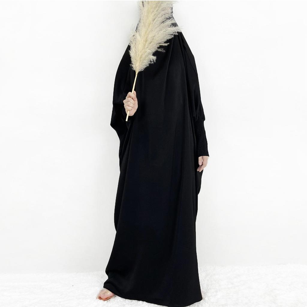 Muslim Women's Long Dresses Plus Size Solid Color Casual Long Sleeve Elastic Sleeve Dress (Hijab Included)