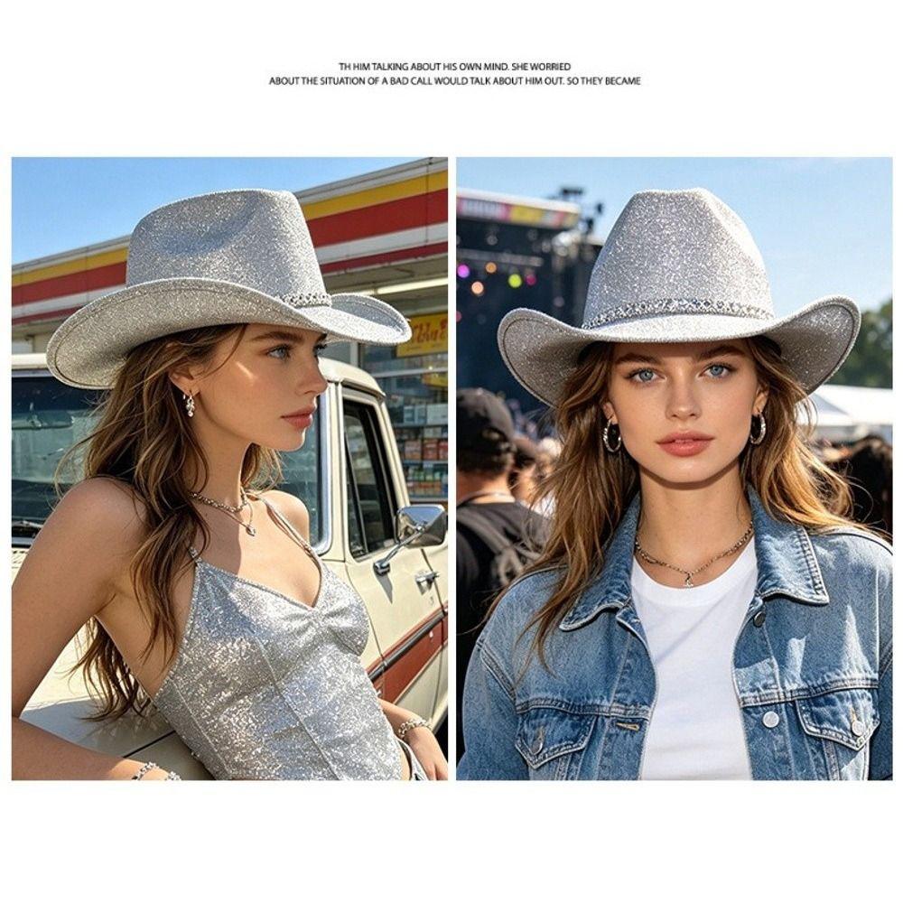Rhinestone Band Glitter Cowboy Hat Wide Curved Brim Western Cowboy Hat Festival Accessory