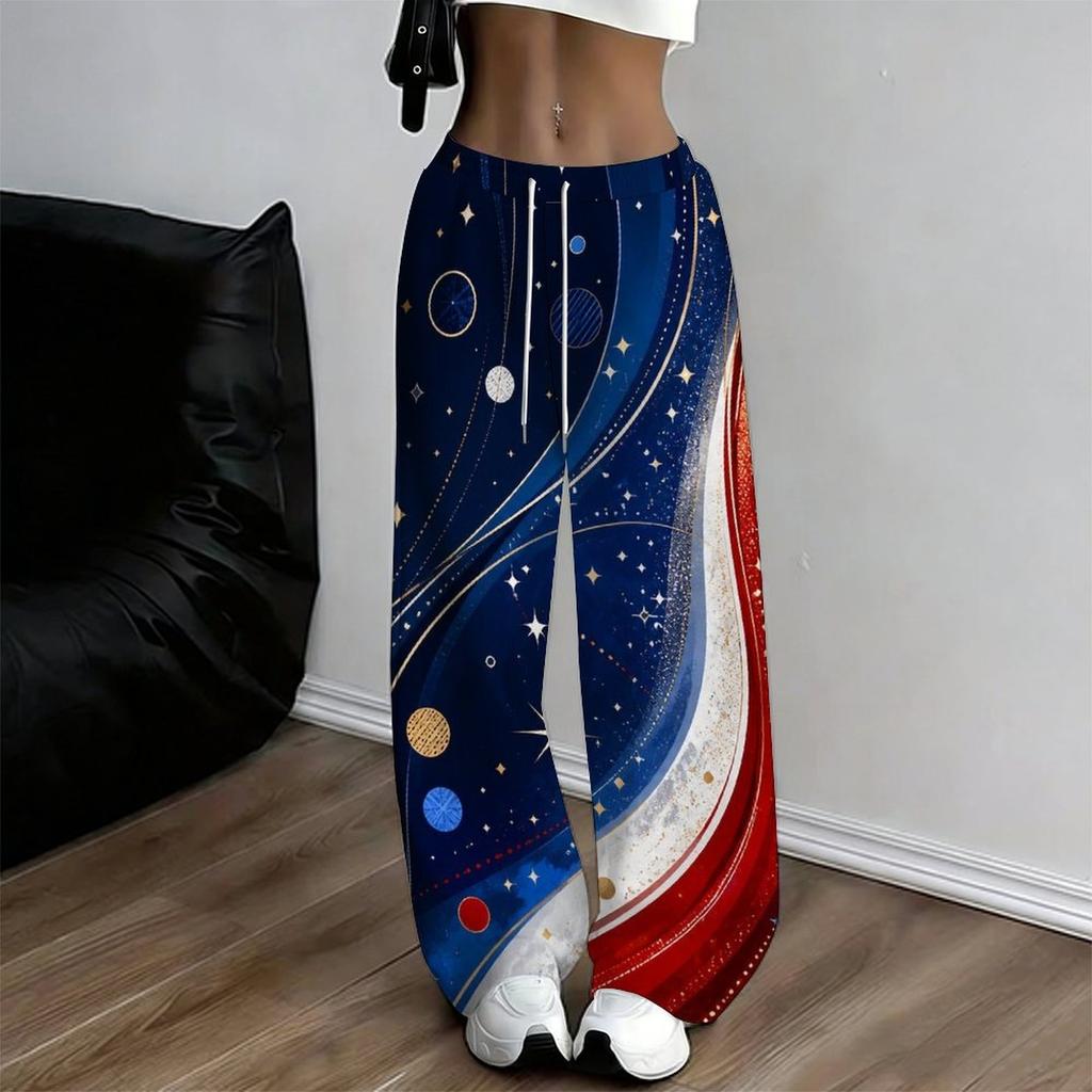 Women Plus Size Loose Straight Leg Full Length Pants Red White Blue Star Stripe Printed