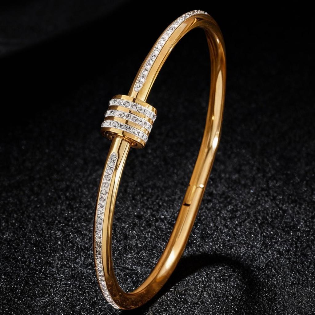 18K Gold-Plated Stainless Steel Bracelet for Girls & Women with Diamond Inlay - Retro Stackable Design