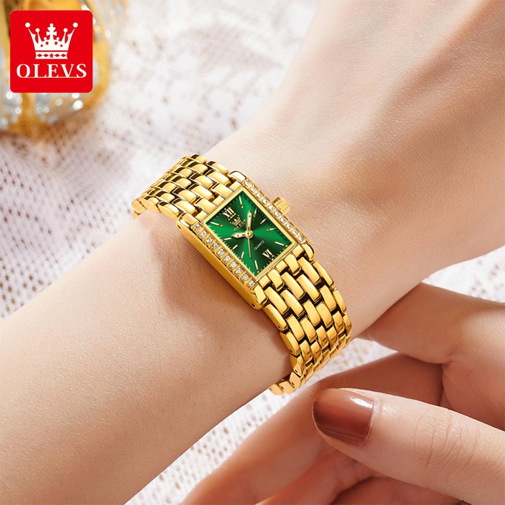 OLEVS Fashion Women's Watches Rectangular Dial Gold Stainless Steel Strap Quartz Watch Luxury Diamond Watch