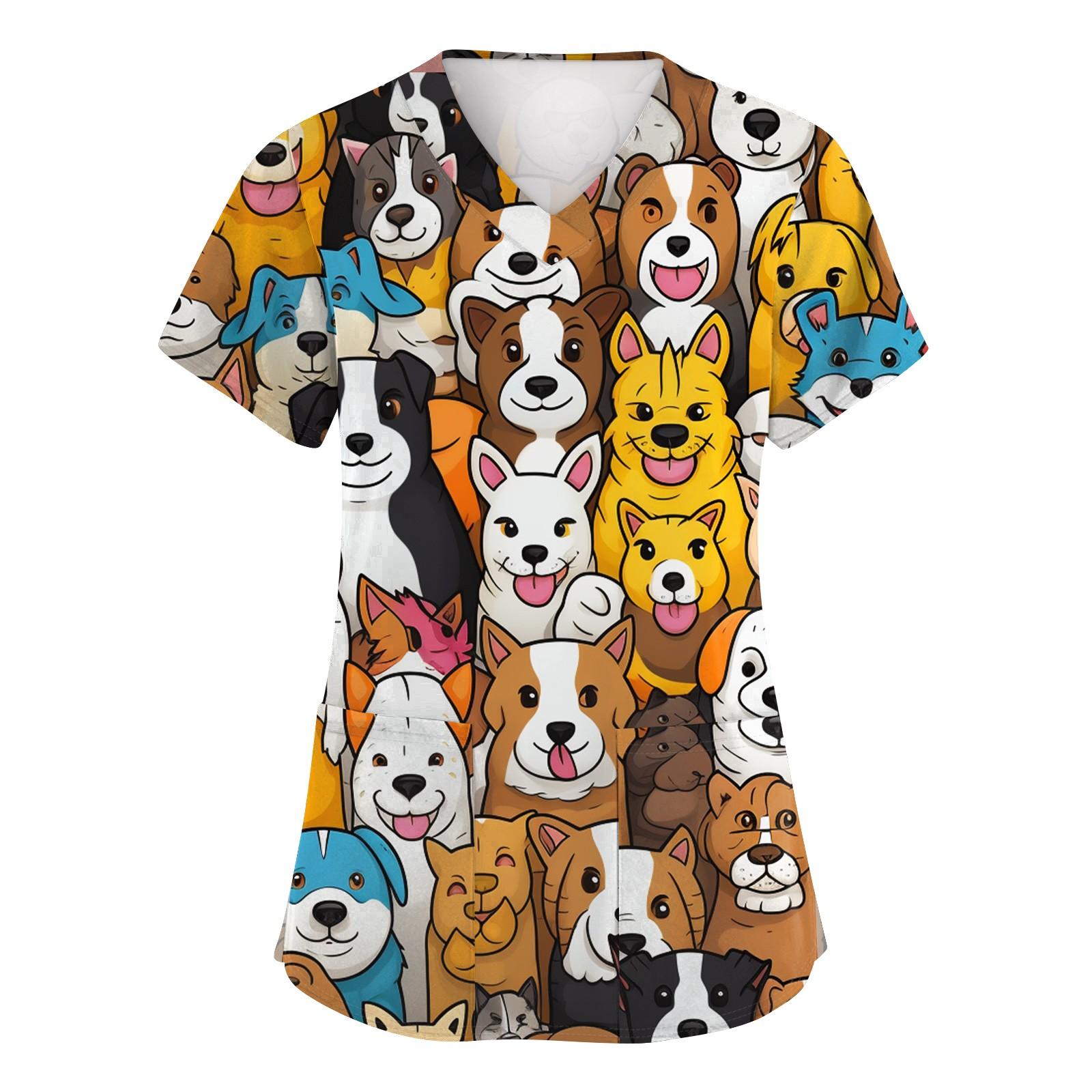 

Женская мода с коротким рукавом, симпатичным принтом животных, V-образным вырезом, карманом, рабочая одежда, топы XL светло-коричневого