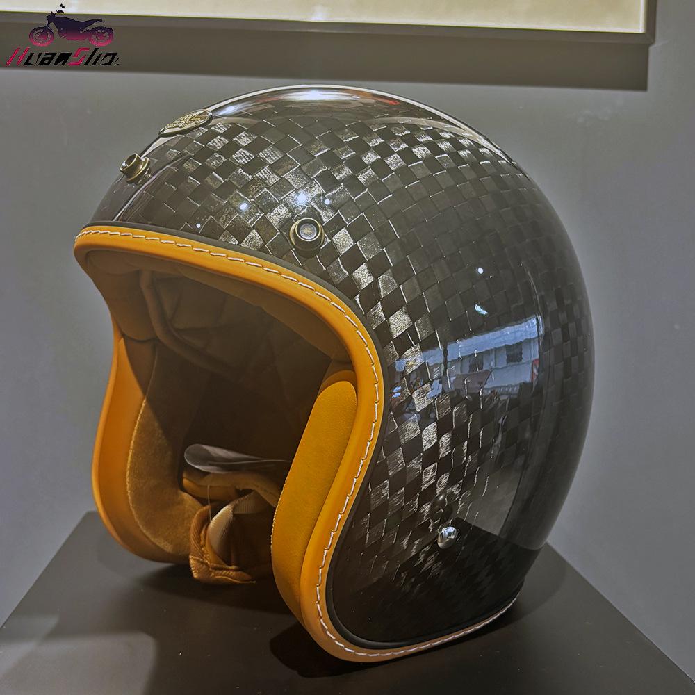 Retro Carbon Fiber Motorcycle Helmet, Three-Quarter Design for Men and Women