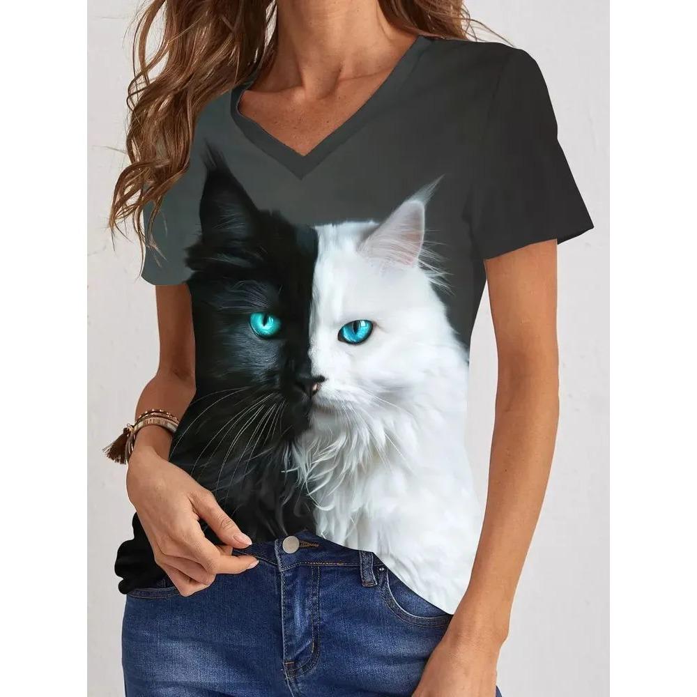Summer V-neck Cute Cat Pattern 3D Printed Top Fashionable Casual Short Sleeved Women's T-shirts