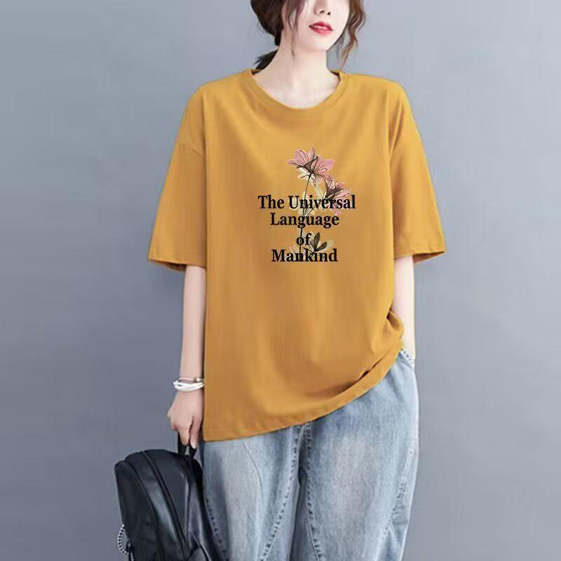 

Хлопковая футболка средней длины Женская с короткими рукавами 2024 Весна Новая с рукавами до локтя Свободная Футболка для тела Топы 3XL