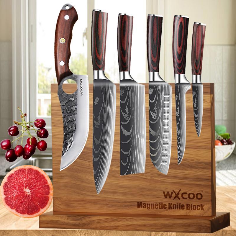 Damascus Steel Pattern Chef Knife Butcher Cutting Meat Japanese Santoku Knives Double-sided Magnetic Knife Block