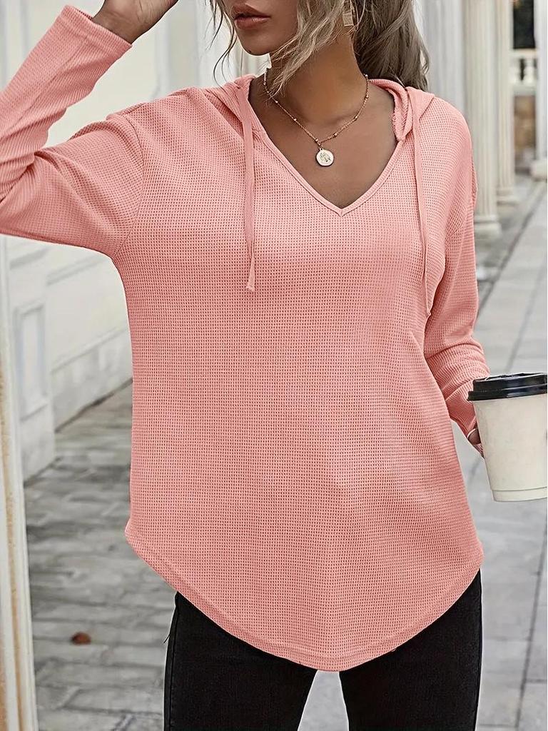 V-neck Loose Hooded Waffle Knit Plus Size Sweatshirt
