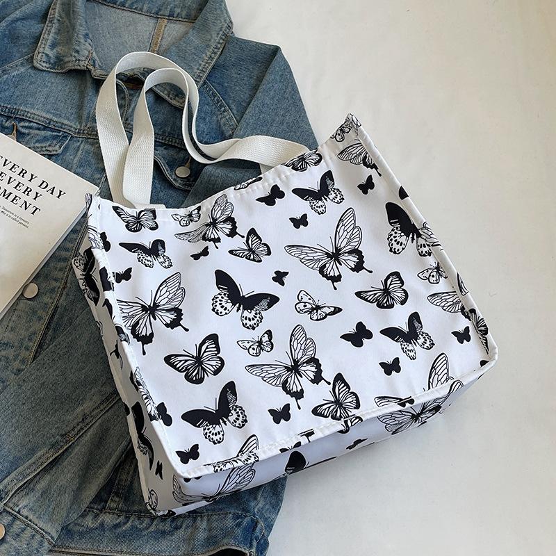 Large Capacity Floral Butterfly Portable Canvas Bag Oxford Cloth Casual Women'S Bag Niche Shoulder Handbag