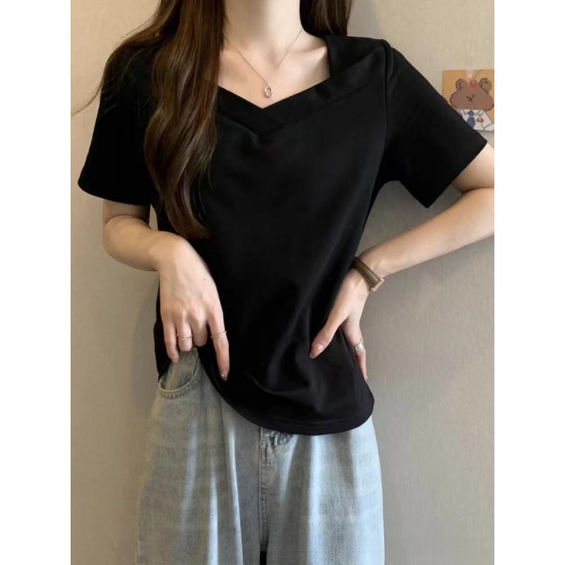 

Summer New Square-Neck Design Slimming Short-Sleeve T-Shirt For Women Black Niche Casual Loose Top XL чорний