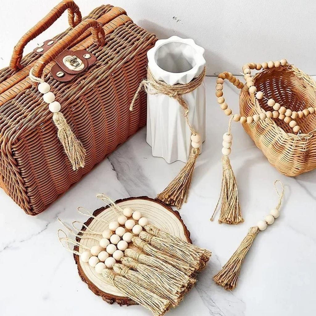 1/2/3Pcs Jute Tassel with 3 Wood Beads Natural Jute Rope Tassels Beaded Tassels for DIY Crafts Tassels Home Wedding Party Decor