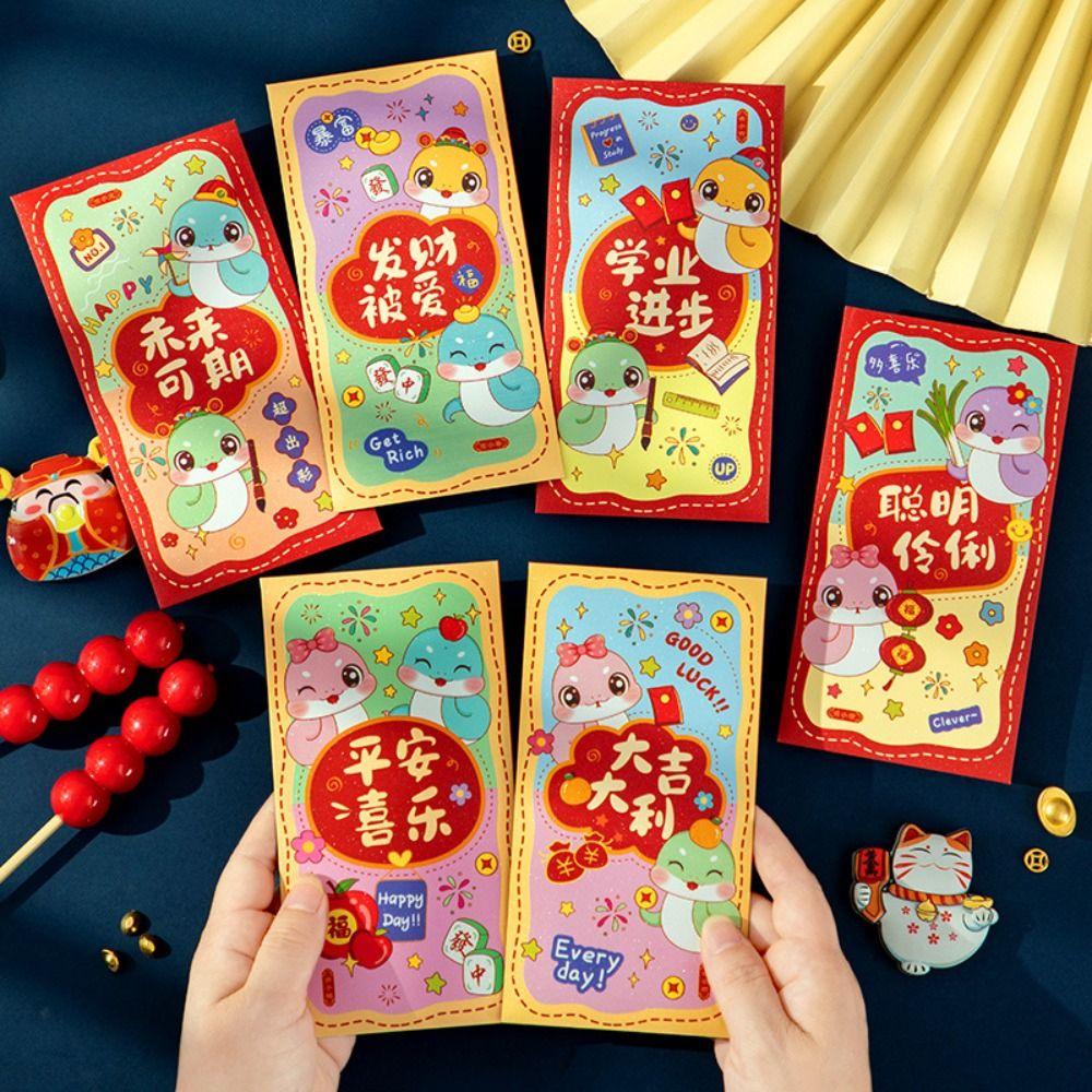 6 Stück Traditionelle 2025 Jahr der Schlange Rote Umschläge Hongbao Roter Umschlag Neujahr Glücksgeldbeutel Bonus