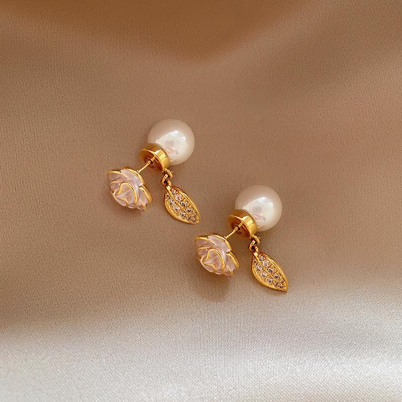 

Elegant temperament camellia pearl zircon stud earrings women s design sense versatile earrings new popular ear jewelry