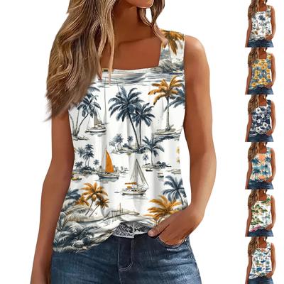Camiseta feminina casual de verão, plissada, gola quadrada, sem mangas, estampada