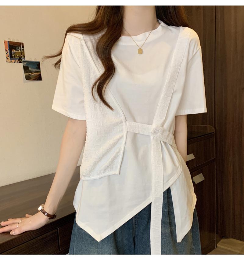 

2025 лето новая большого размера женская футболка с коротким рукавом женская прикрывает мясо, выглядит стройной, свободная и полная ММ нерегулярный топ под двойку S белый