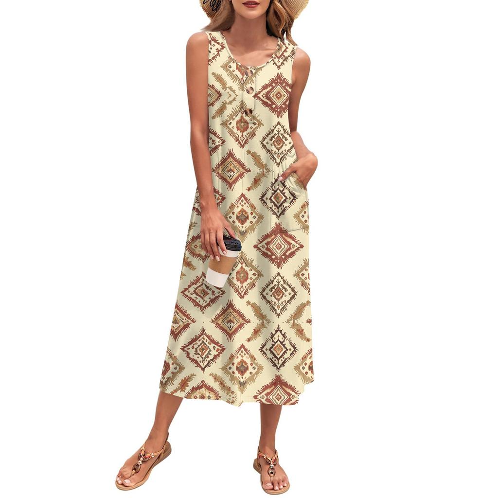 Women's Summer Maxi Dress Sleeveless Button Down Casual Loose Long Beach Sundress Travel Vacation Outfits