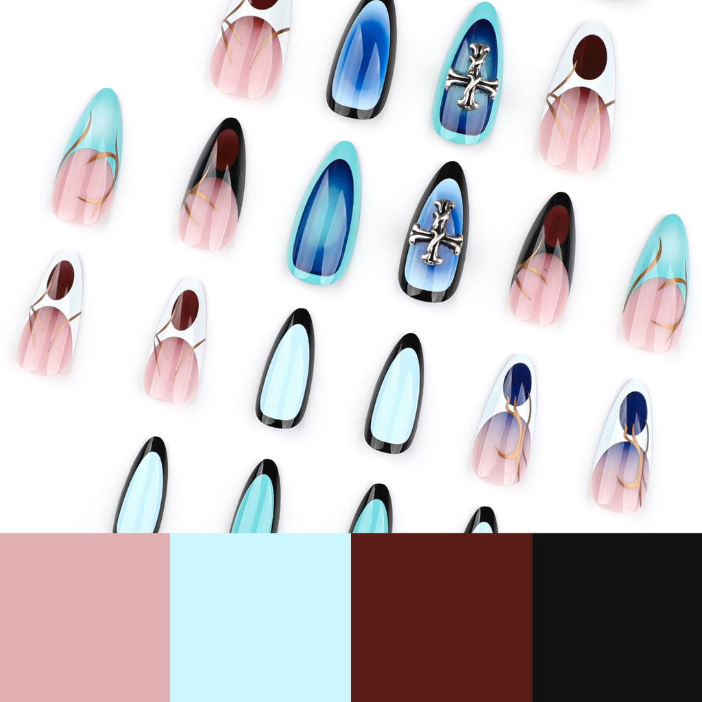 24pcs Women Full Cover Stick On Nails Y2K Blue Acrylic Fake Nails for Women Girls Manicure DIY