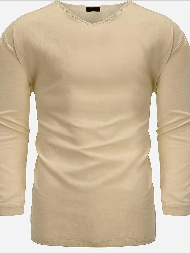 Herren Frühjahr 2024 V-Ausschnitt Langarm Leinen-Baumwoll Freizeitshirt