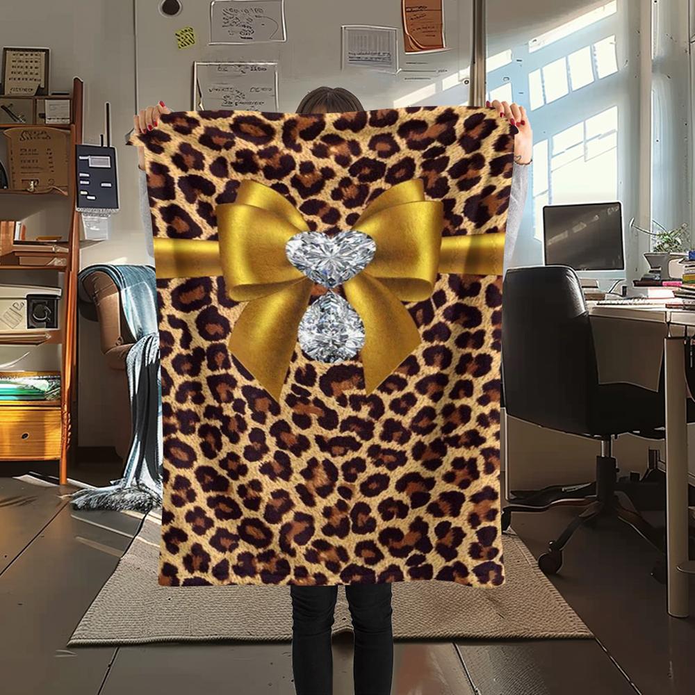 1Pc Leopard Bow Print Flannel Blanket, High quality Comfortable for All Seasons, Home Decor, Warmth and Comfort, Perfect for Gifts