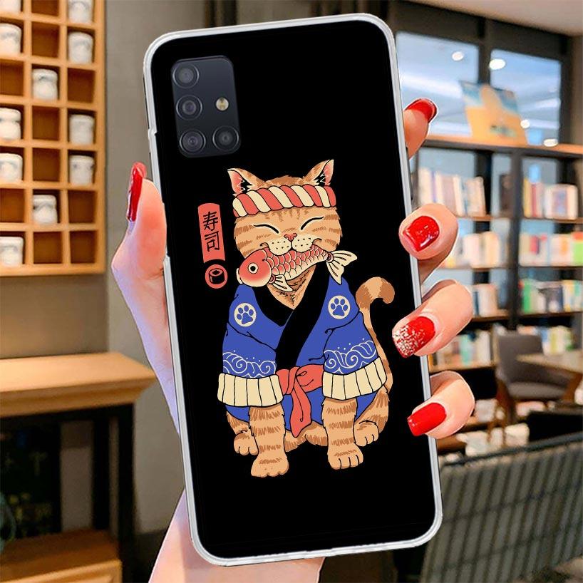 Ramen Sushi Samurai Tattoo Cat Cover Phone Case For Samsung Galaxy A12 A22 A32 A52 A72 A02S Phone Case Note 20 Ultra 10 S10 Plus