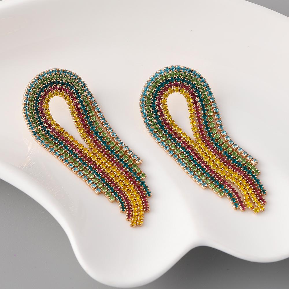 Luxury Trendy Rainbow Tassel Claw Diamond Earrings Womens Super Flash Dinner Colorful Rhinestone Stud Earrings Elegant Jewelry