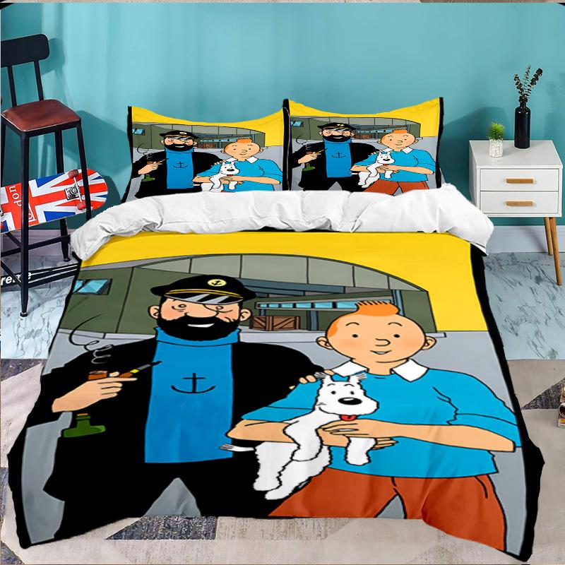Juego de Ropa de Cama de 3 Piezas Aventura en la Ciudad de Tintín, Incluye 1 Funda Nórdica y 2 Fundas de Almohada, Regalo Perfecto para Navidad, Ideal para Dormitorio, Habitación de Estudiante