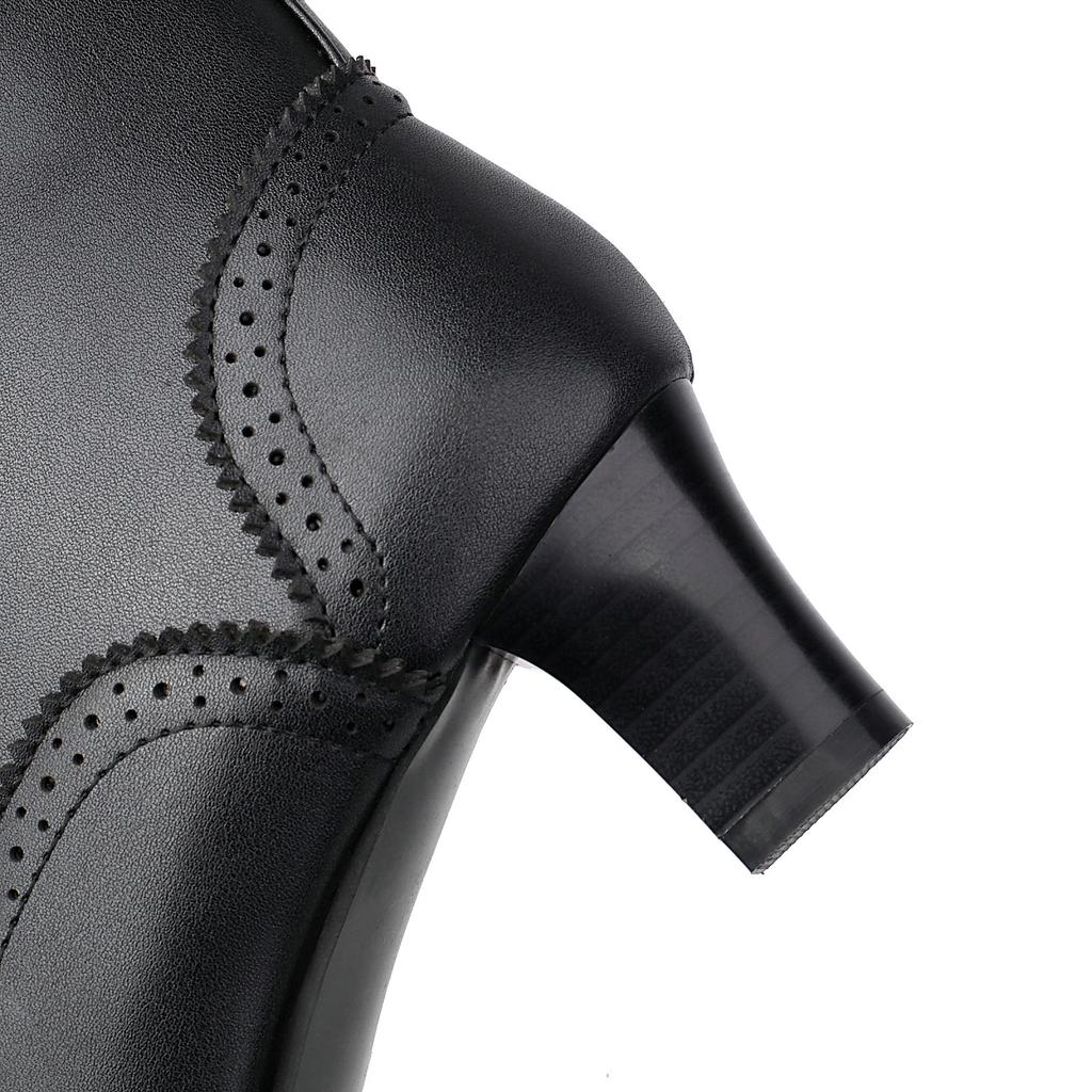 Black White Winter Ankle Boots for Women Med Heels Shoes 2025 Laciness Holes Decor Footwear