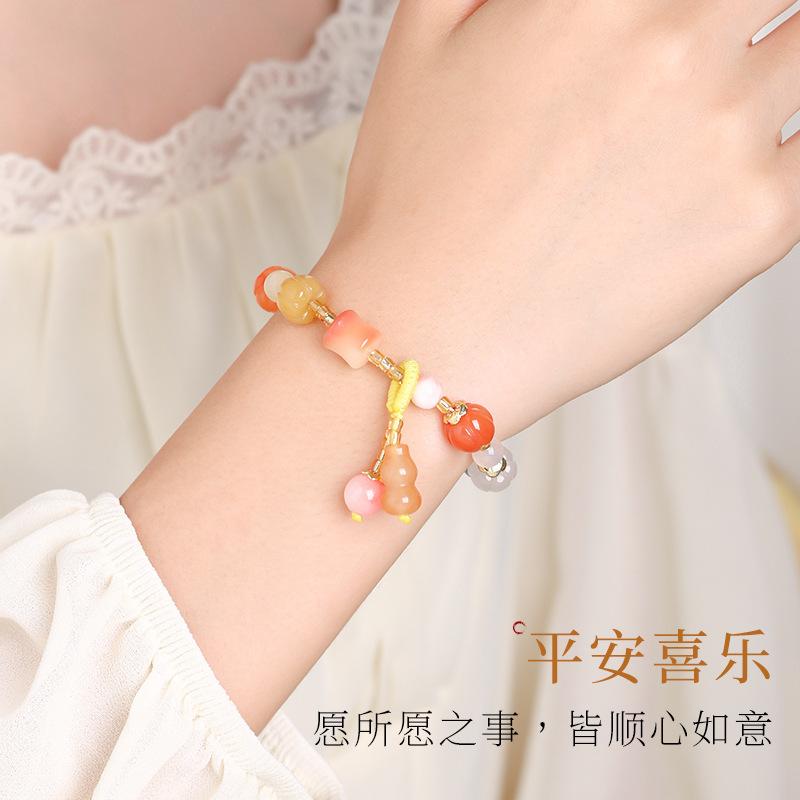 Gold Silk Jade Pumpkin Bracelet for Women, Multi-Bead Pumpkin Buddha Bead Bracelet, Single Strand, Gift for Peace, Health, and Good Luck