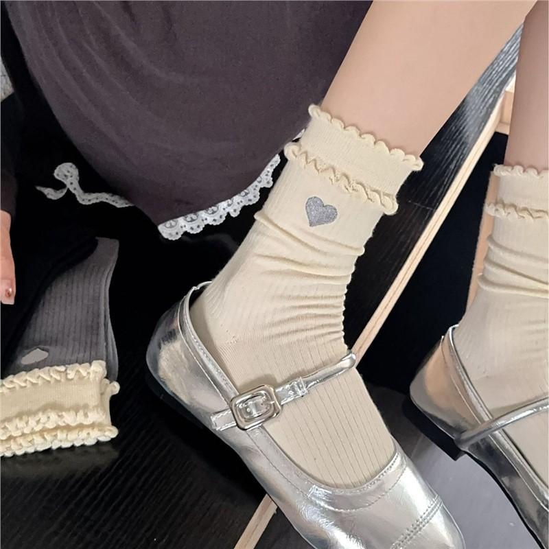 Female Summer Thin Ballet Style Love Embroidery Cylinder Stack Socks
