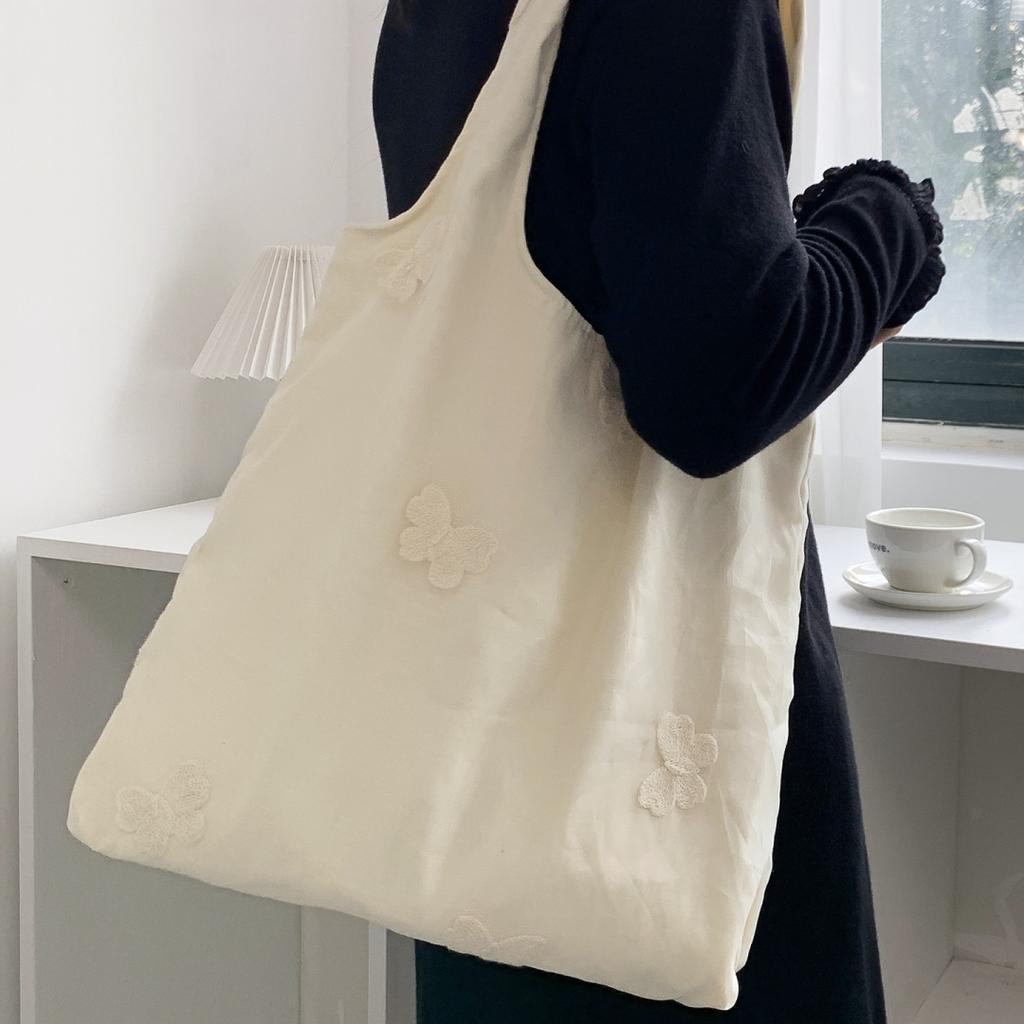 Korean Embroidered Floral Canvas Tote Bag Women's Single Shoulder Bag Casual Floral Printed Canvas Handbag Shopping Bag