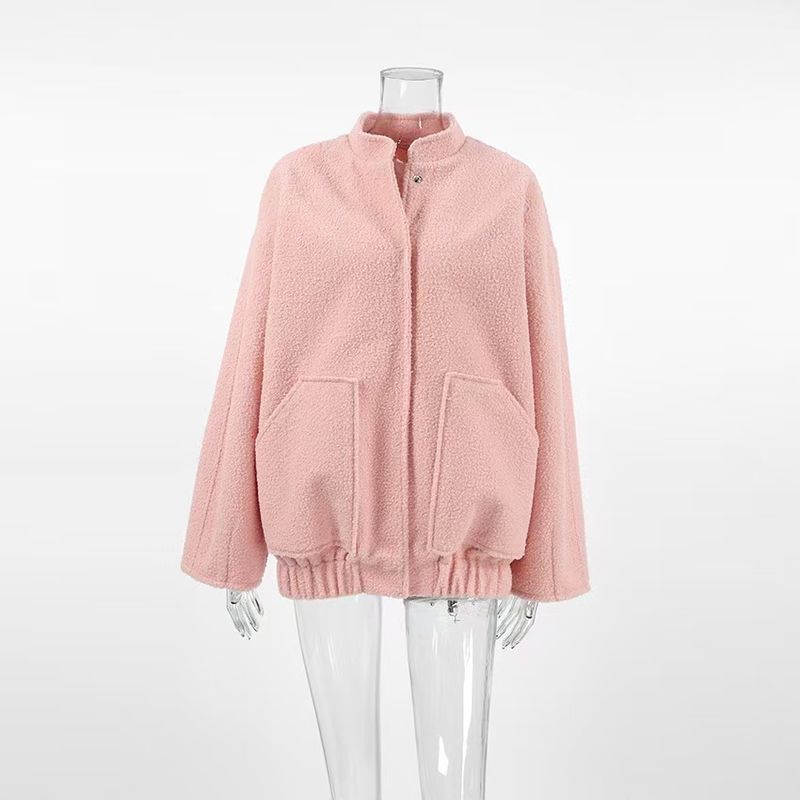 

Western Style Autumn Temperament Loose Pink Velvet Stand Collar Outerwear Loose Stand up Collar Jacket Pink L