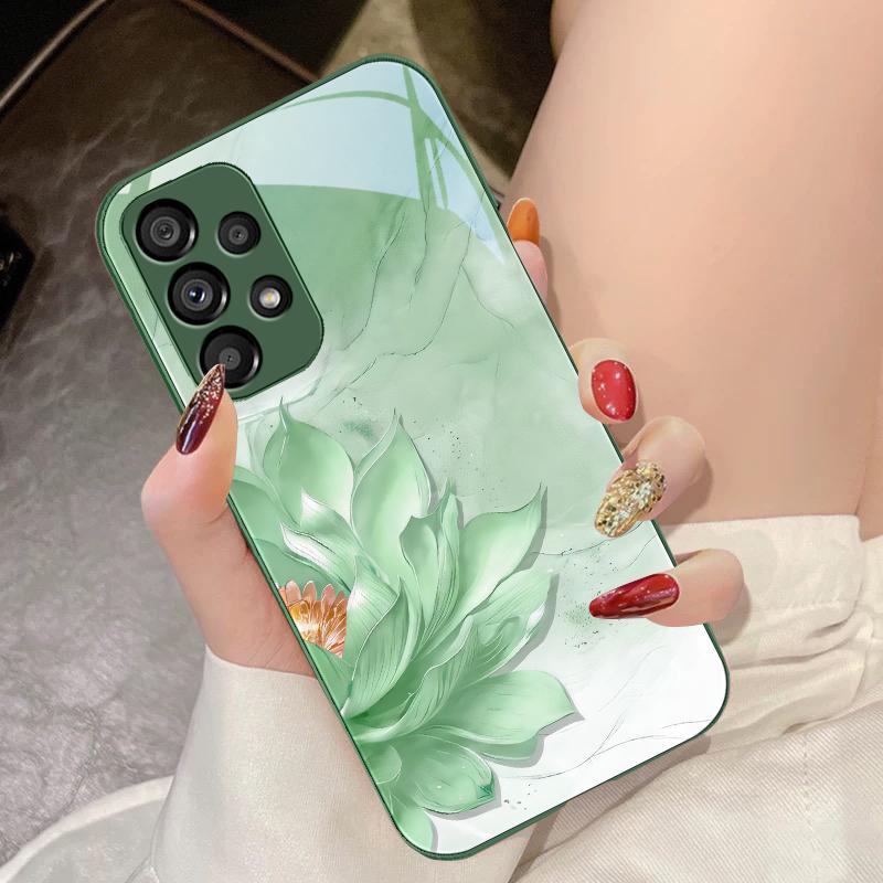 Side Lotus White For Samsung Galaxy S10 4G S20 11E 30 S21 21Fe 22 S24 Pro S23 Ultra 5G S8 S9 Tempered Glass Phone Case